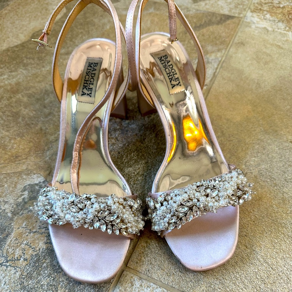 Badgley Mischka blush heels with pearl detailing